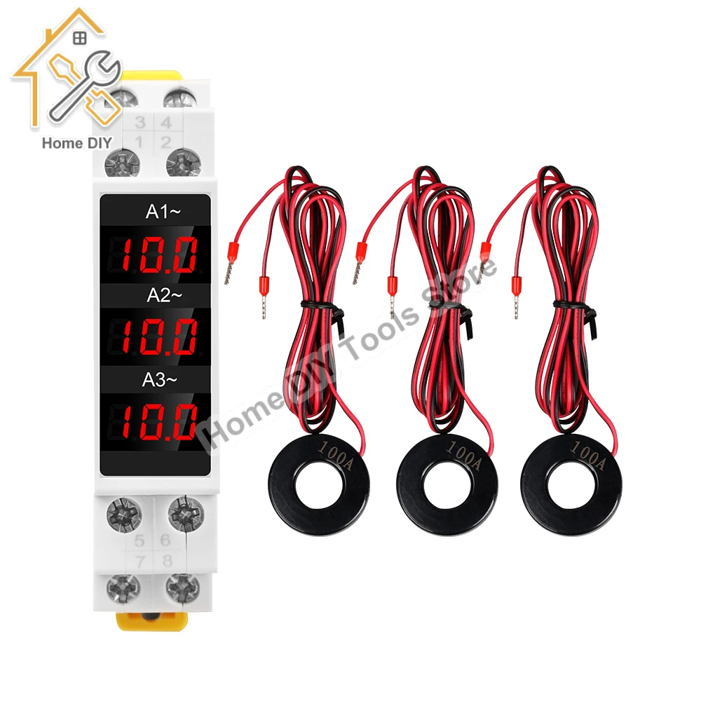 

Din Rail Mount Three Phase Ampere Meter AC 80-500V 100A Mini Modular Ammeter Gauge Indicator LED Digital Display Detector