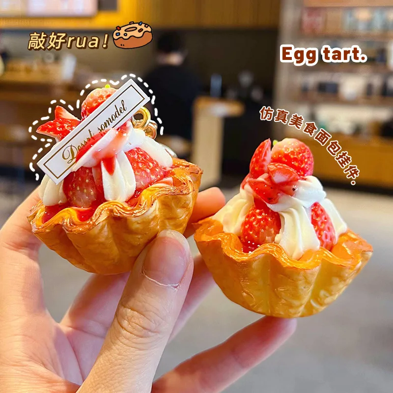 Creative PU Strawberry Egg Tart Keychain Realistic Dessert Bag Charm Ice Cream Key Ring Backpack Pendant Car Accessory Gift view 3