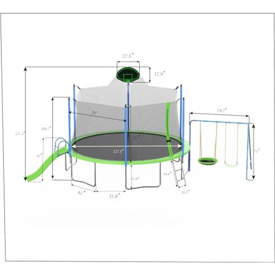 Outdoor recreational trampoline for kids and teens: 12FT green steel frame with safety enclosure net slide swings basketball ho