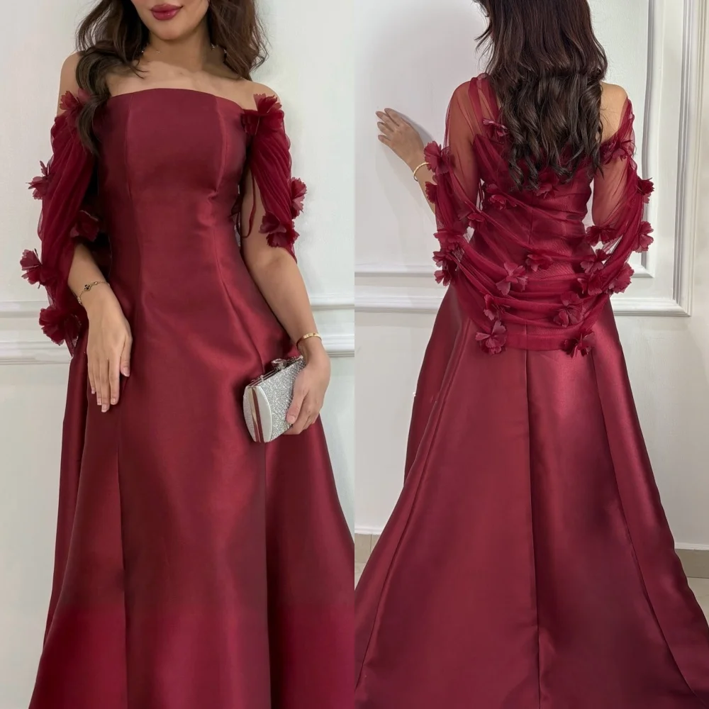 

Customized Elegant Fashion Charmeuse Handmade Flower Ruched A-line Strapless Long Dresses Bespoke Occasion Dresses High Quality