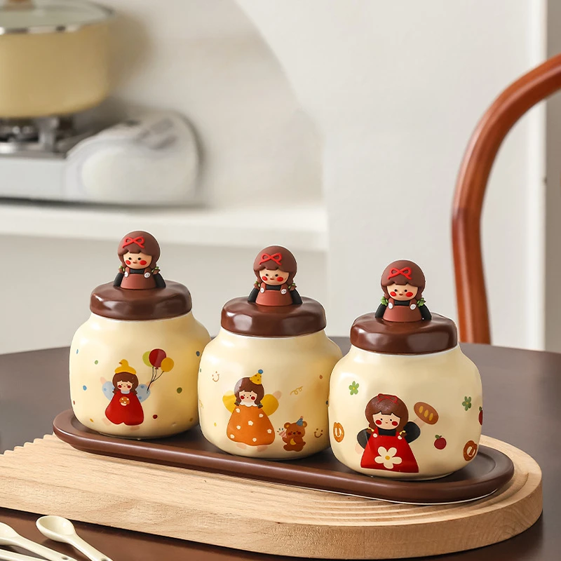 Household Ceramic Seasoning Jar Combination Set MSG Salt Sugar Storage Seasoning Jar Kitchen Storage