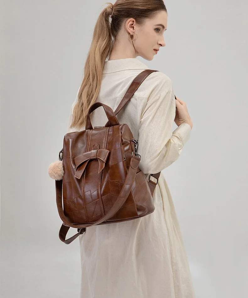 Retro Bow Women Backpacks Leather Girl's School Bags Anti Theft Ladies Travel Bags Female Shoulder Bags