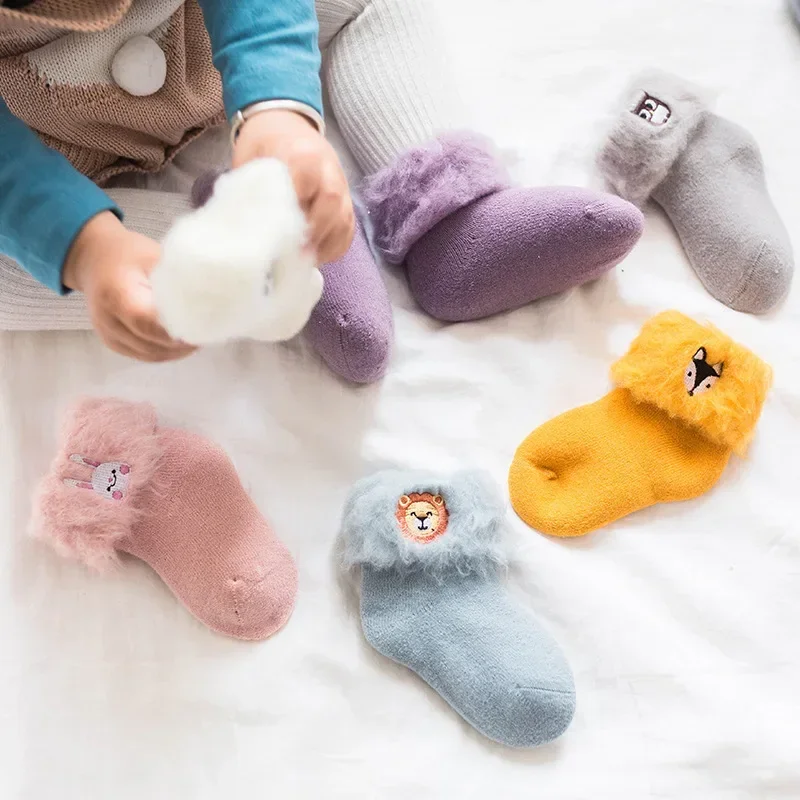 1 Pair Warm Furry Newborn Sock for Boy Girl Cute Cartoon Animal Toddler Calf Sock Autumn Winter Thicken Plush Sleeping Sock