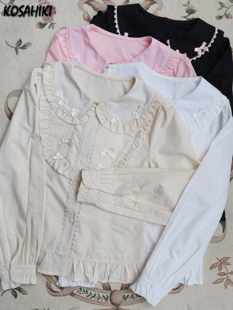 Japanese Kawaii Girl Lolita Long Sleeve Shirt Y2k Aesthetic Ruffled Patchwork Harajuku Blouse Women Grunge Bow Sweet Cute Tops