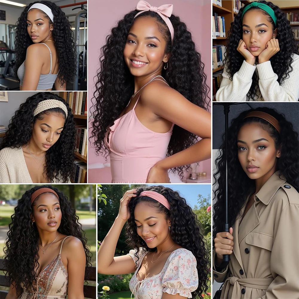 40 Inch Headband Wig Human Hair Deep Wave Glueless None Lace Front Wigs for Black Women 250% Density Wet and Wavy Headband Wig Curly Wave Curly Long Headband Wig Natural Color - view 8