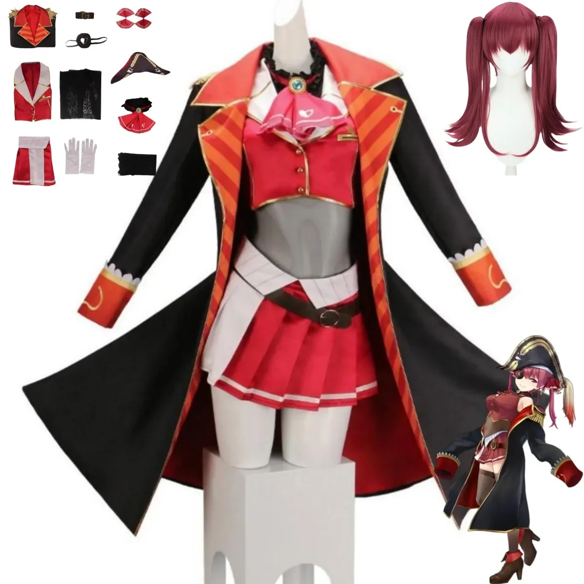 Virtual YouTuber Houshou Marine Cosplay Costume VTuber Hololive Captain Coat Red Skirt Hat Wig Woman Sexy Carnival Party Suit