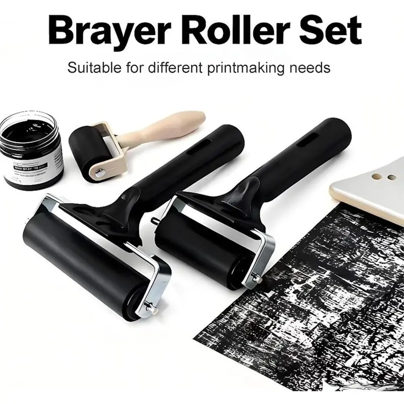 A11E-3-Pack Hard Rubber Brayer Rollers,1.4/2.4/4 Inch For Printmaking, Ink Stamping,Wallpaper, Art Craft & Construction Tools