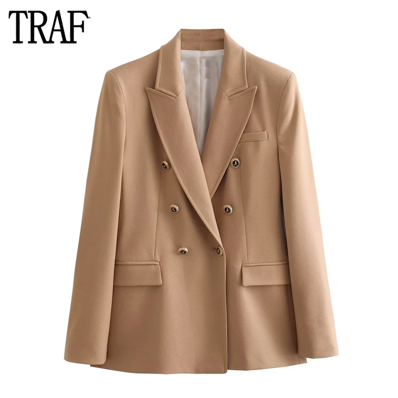 TRAF 2023 Women\'s Blazer Tailoring Double Breasted Jacket Women Masculine Office Blazers for Women Coat Long Sleeve Blazer Woman