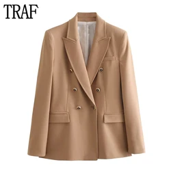 TRAF 2023 Women's Blazer Tailoring Double Breasted Jacket Women Masculine Office Blazers for Women Coat Long Sleeve Blazer Woman