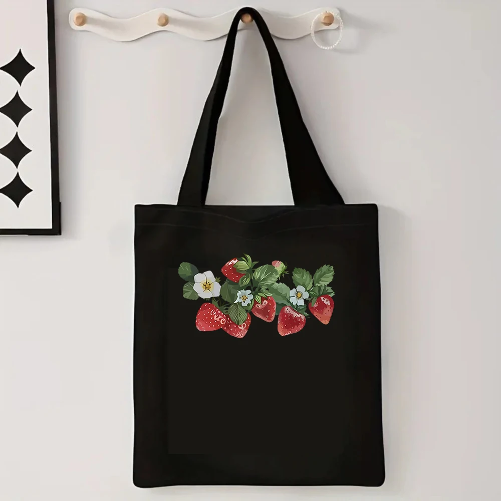 Strawberry Floral Print Canvas Tote Bag Reusable Grocery Shoulder Bag