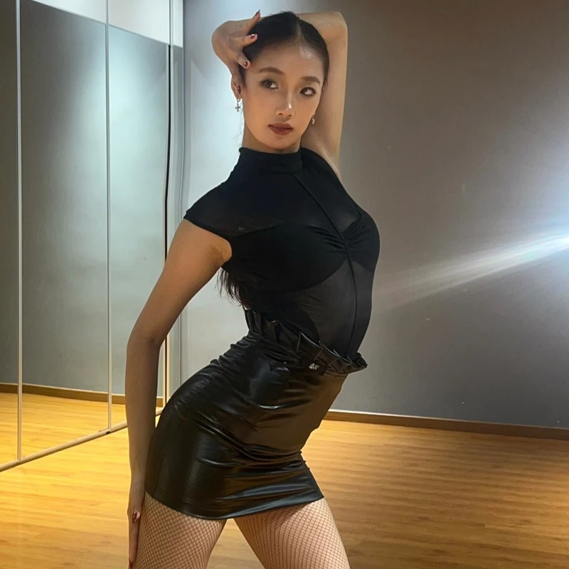 Vrouwen Rumba Latin Danswedstrijd Kostuum Zwart Mesh Top Leren Rok Volwassenen Samba Ballroom Danswedstrijd Kleding 13654