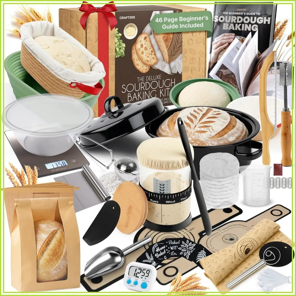 

All-In-One Sourdough Starter Kit with Pot – 40+ Premium Baking Tools, Scale, Banneton Baskets, Slings, Timer, Beginner Guide