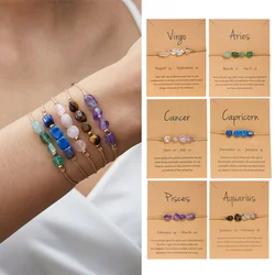 Pedra Natural Beads Pulseiras para Mulheres, 12 Constelações, Signos do Zodíaco, Pulseira da Amizade, Casais Aniversário, Áries, Touro, Virgem