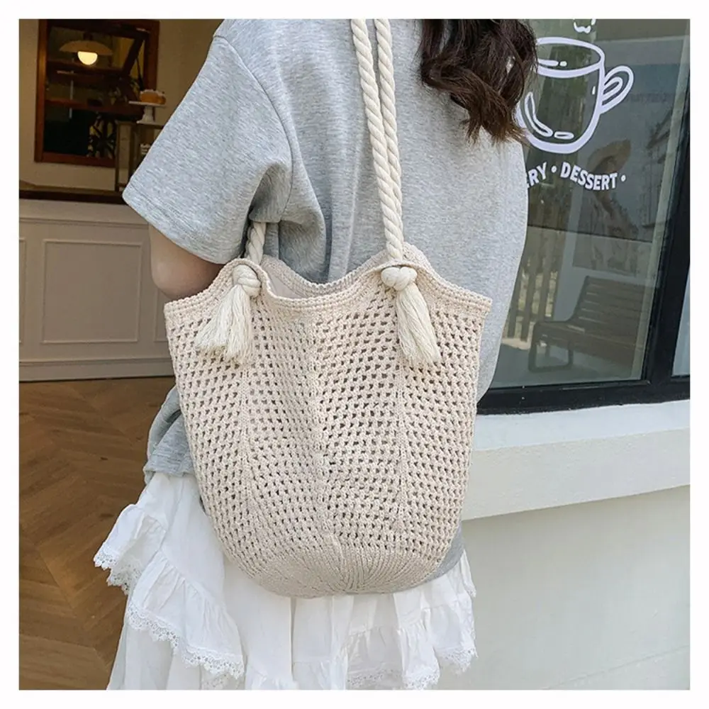 

Portable Bohemian Knitted Shoulder Bag Sweet Hollowed Out Crochet Tote Bag Spacious Large Capacity Casual Woven Handbag Girls