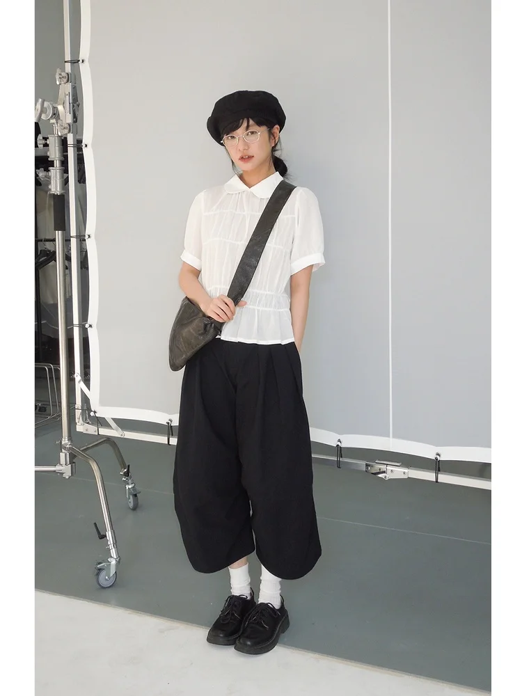 

Loose Casual Wide Leg Pants Japanese Sle Linen Pleated Knife Lantern Pants High Waist Elastic Waist Summer Pants