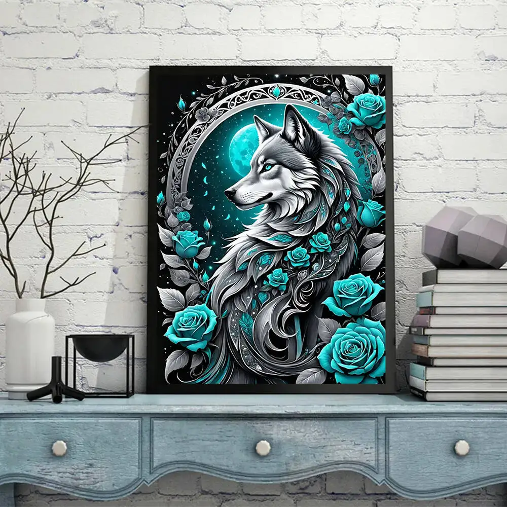 

Frameless, Novelties Diamond Painting Wolf Moon Flower Diamond Mosaic Animal Embroidery Decoration Living Room Holiday Gifts