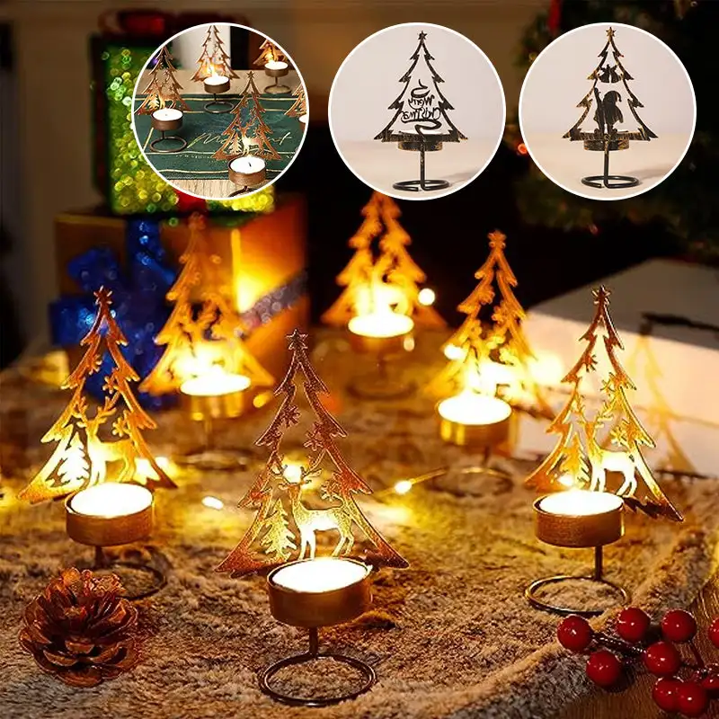 

Metal Christmas Tree Tealight Candle Holder Iron Heat-Resistant Santa Claus Elk Candlestick Hollow Out Xmas Tree Candle Holder