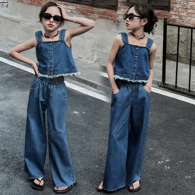 

Teen Girls Denim Suit Summer 2024 Fashion Children Clothes Sling Vest Straight Pants Two Pieces Blue Kids Outfits Set 10 13 14 Y