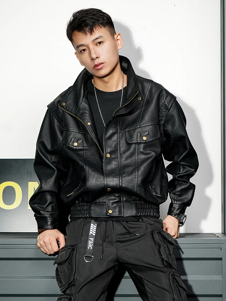 

Высококачественный американский кожаный джет в стиле ретро, мужской весенне-осенний модный свободный джерт из искусственной кожи с индивидуальным воротником, модная урба...