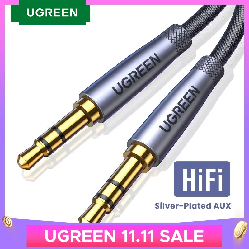 UGREEN HiFi AUX Cable 3.5mm Audio Speaker Cable 3.5 jack For Guitar Silver-plated Braided Wire Auxiliary Car Headphone Cable