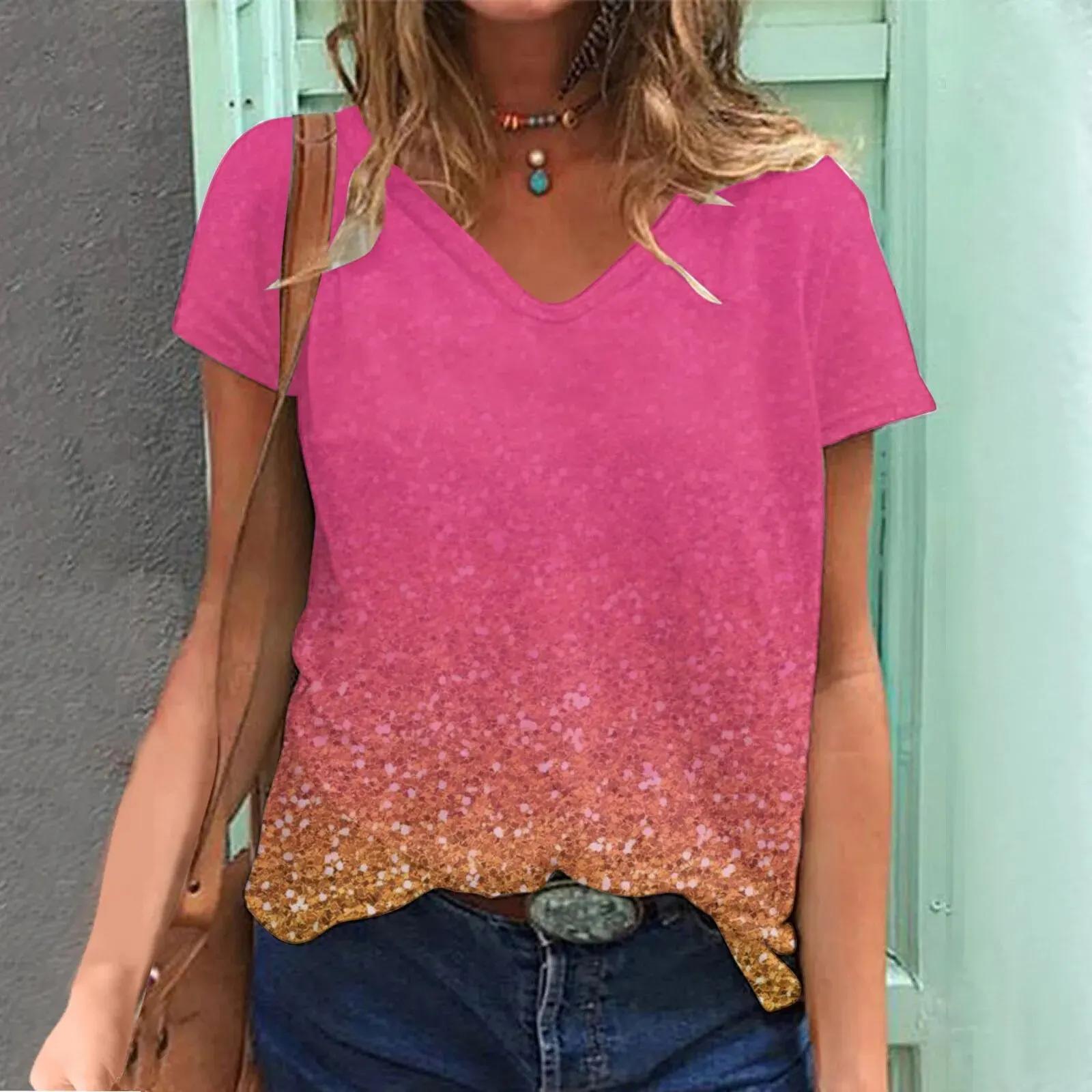 Summer Sequin Gradient 3D Print T-shirts Women Casual Fashion Streetwear Short Sleeve V-Neck T Shirt Harajuku Tees Tops Clothing