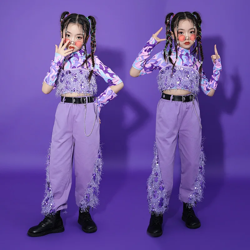 Kid Cool Hip Hop Clothing Print Zipper Shirt Crop Top Tank Purple Sequined Jogger Pants for Girl Jazz Dance Costume Clothes Set