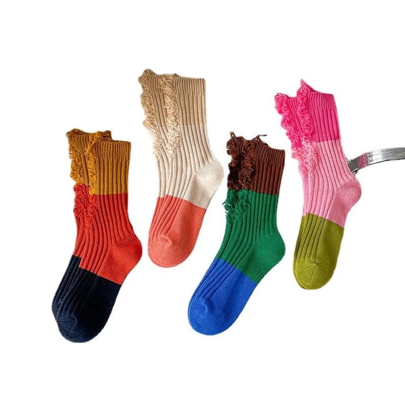 Women's Spring Autumn Splicing Socks Candy-colored holes socks Mid-Calf Home Socks Simple Floor Socks Funny Hip-hop Street Skate