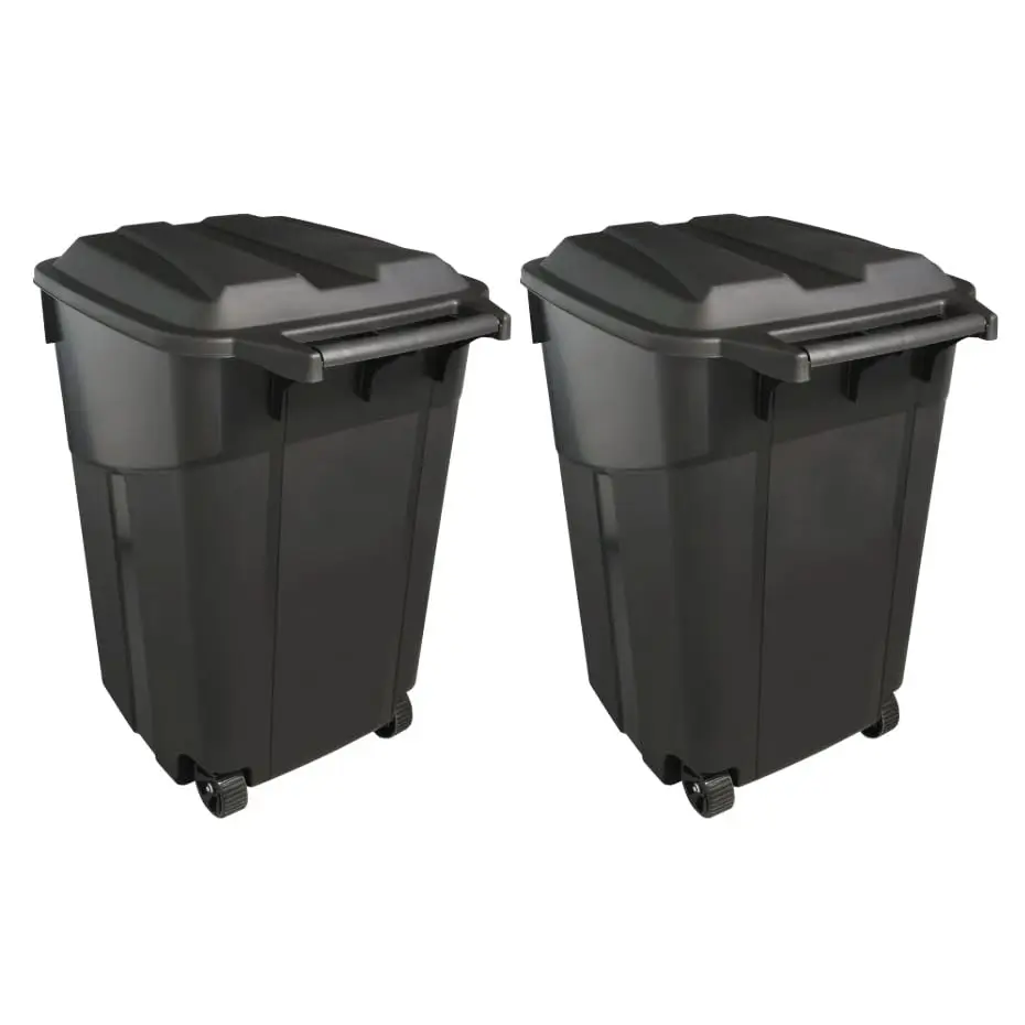 2 Pack 45 Gallon Heavy Duty Plastic Trash Can with Attached Lid and Rugged Wheels Easy Grip Handle Click Lock Indoor Outdoor Use