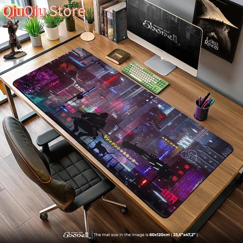لوحة ماوس Cyberpunk City - مشهد مسطح نيون مستقبلي مع آرتشر آند كات في طوكيو الخيال العلمي - هدية حصيرة مكتب الألعاب #1