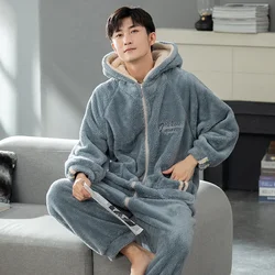 Fall and Winter One-piece Pajamas Plush Pajamas  Long Sleeve Zipper Hooded Jumpsuits Thick Home Warm One-piece Clothes for Male