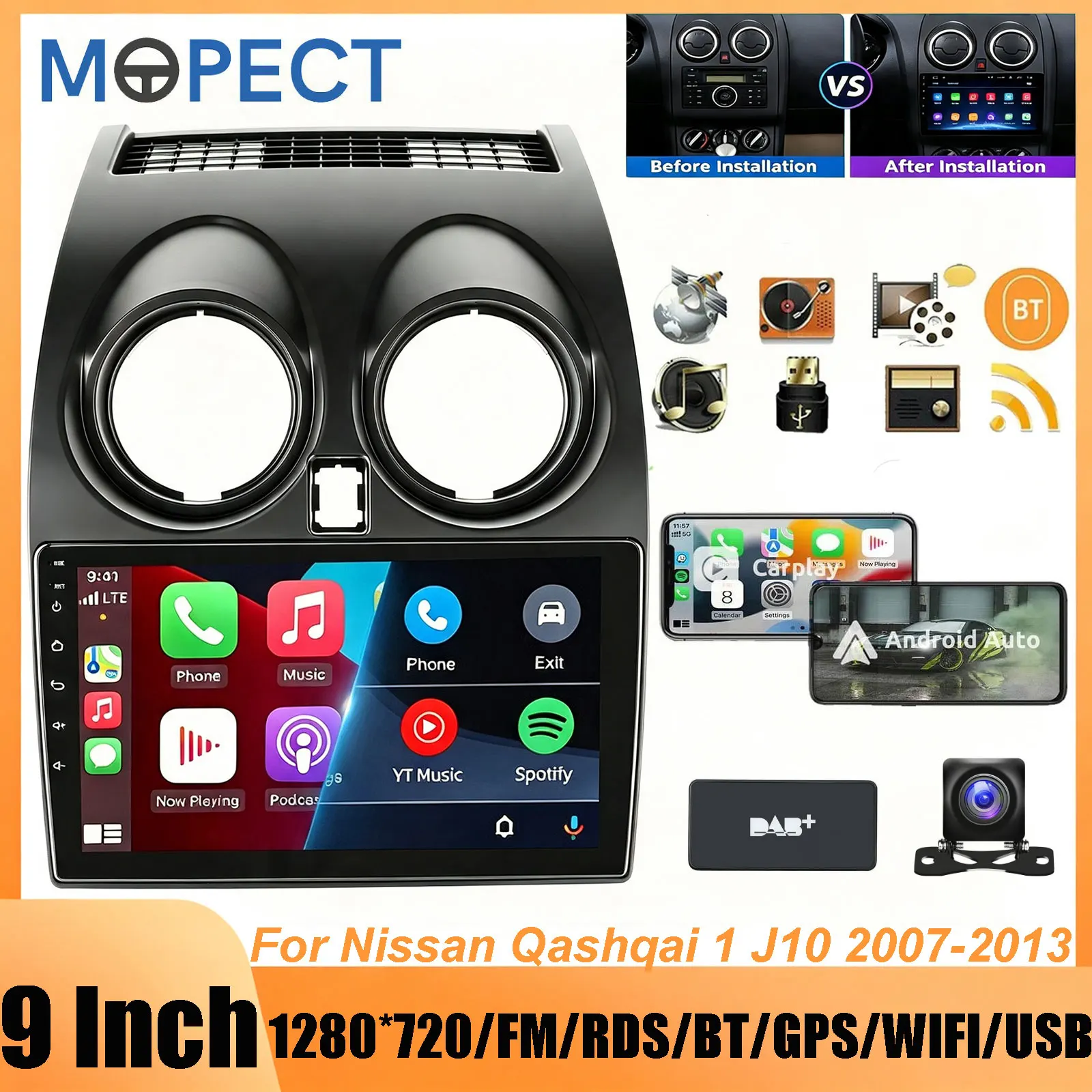 Autoradio MOPECT 9 pollici Double DIN 4+64G 6+128G per Nissan Qashqai J10 JJ10E NJ10 2007-2013 con Carplay wireless, Android Auto, lettore multimediale, autoradio, stereo per auto, Mirror Link, WiFi,
