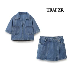 TRAF ZR Shorts Women's Denim 2 Piece Set Cropped Plunging V-neckline Top Wrap Shorts Skorts Casual Two Parts Jean Outfits