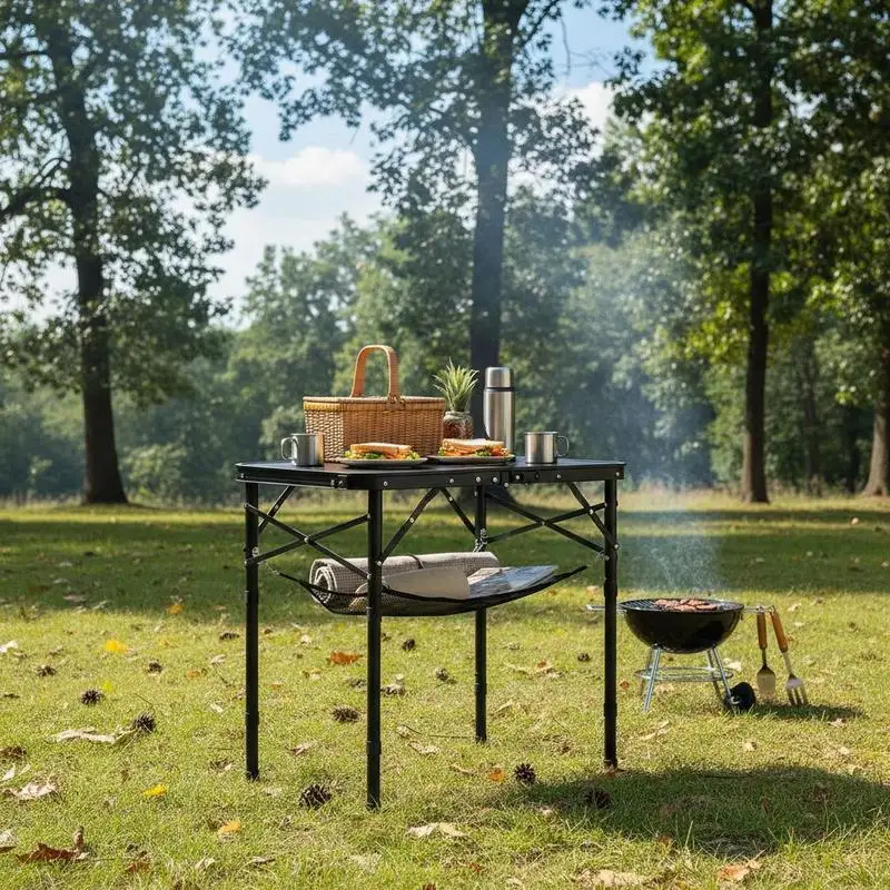 

Portable Folding Desk 24x16in For Picnic BBQ Cooking, Mesh Layer Storage Carrying Handle Aluminum Frame MDF Tabletop Black