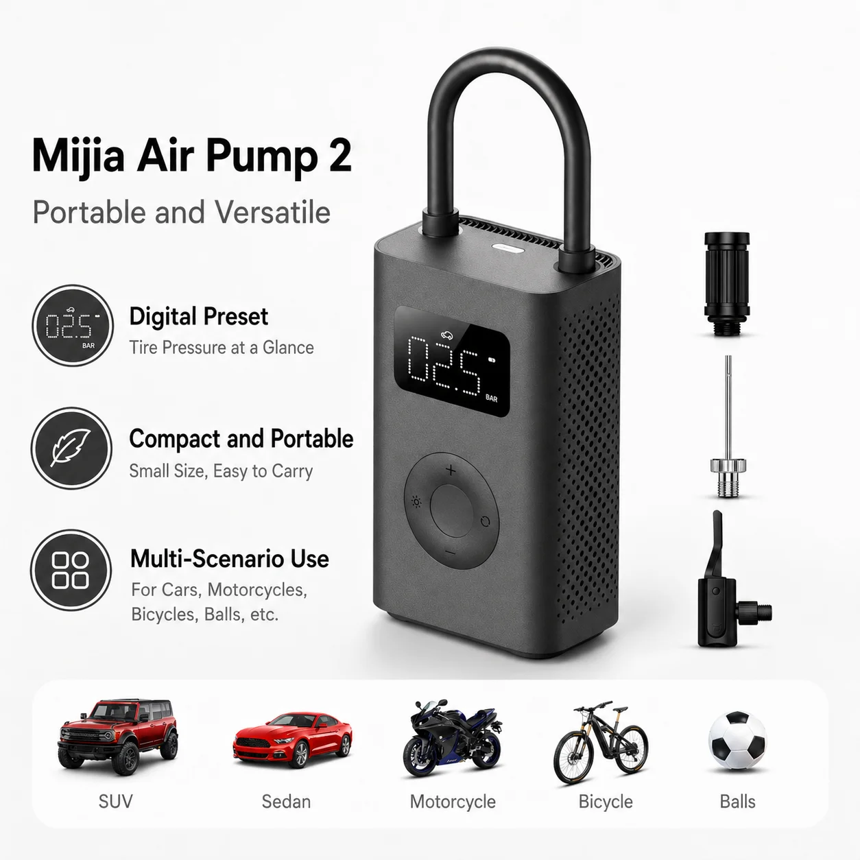 Xiaomi Mijia Portable Electric Air Compressor 2 | 150PSI Multi-Tool Inflator with LED & Type-C