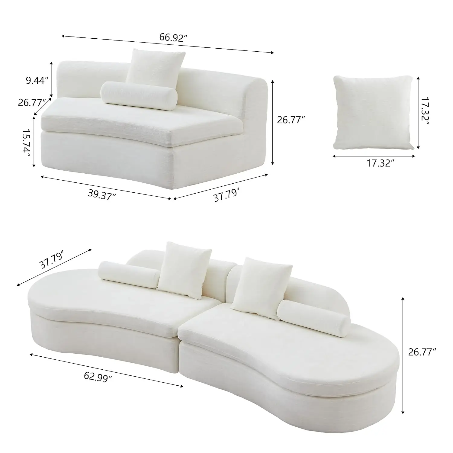 Curved Modular Sectional Sofa, 6 Seater Sofa For Living Room With 6 Pillows, High-Density Foam, White, Customized