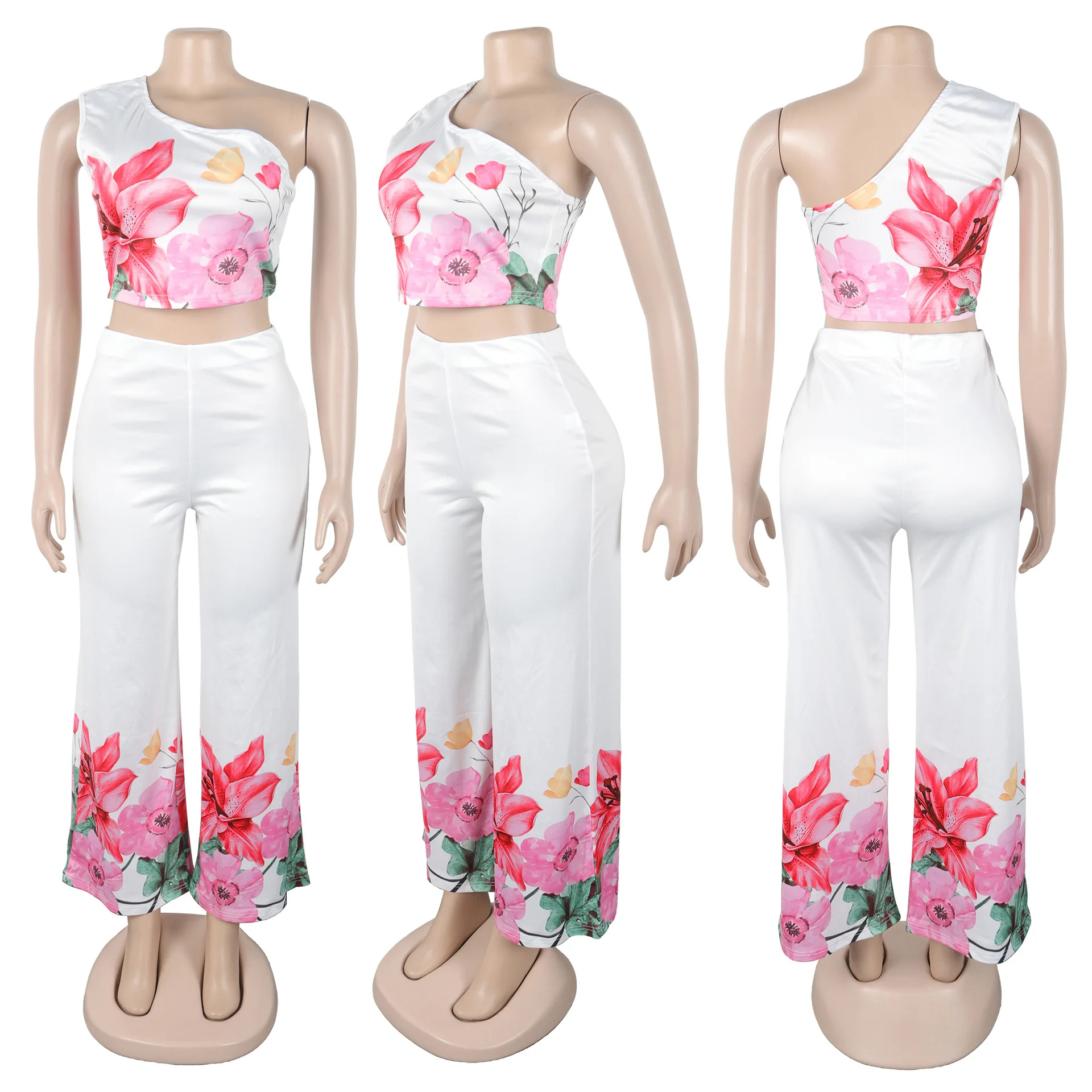 أزياء المرأة البدلة اقتصاص أعلى مائل الكتف سليم صالح الأزهار طباعة عطلة السراويل المستقيمة 2 قطعة مجموعة للإناث #6