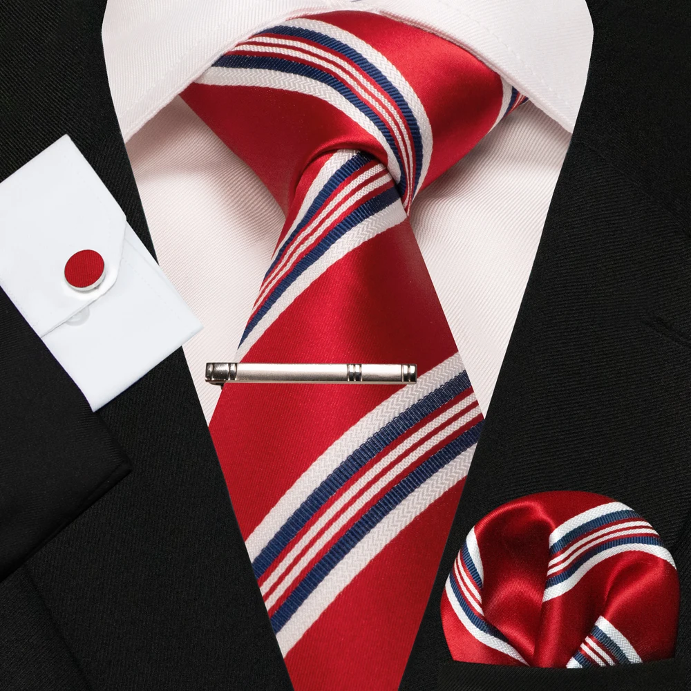 KAMBERFT Neue Klassische Seidenkrawatte für Herren Rot-Gold Gestreift Herrenkrawatte Taschentuch Manschettenknöpfe Set Hochzeit Business Party Gravatas – Detail 17