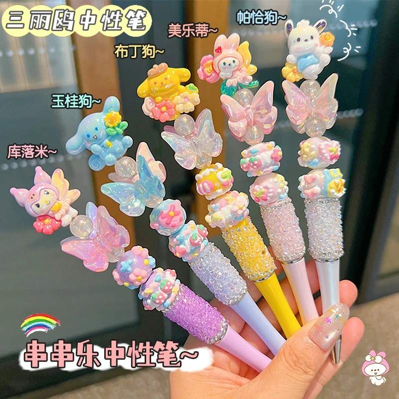 Шариковая ручка с рисунком аниме Sanrio, вращающаяся с кристаллами и сверкающими бриллиантами, милая мелодия, студенческая ручка из бисера, канцелярские принадлежности, праздничные подарки