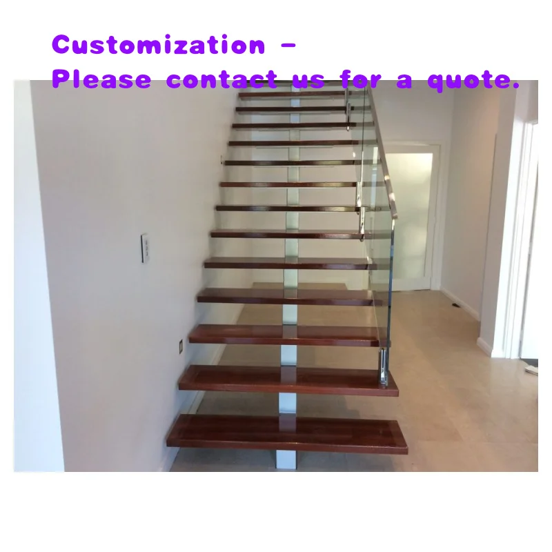 custom.Premium Single Stringer Stair Modern House Heavy-Duty Stairs Oak Wood Steps Frameless Glass Balustrade  Easy-to-Assemble