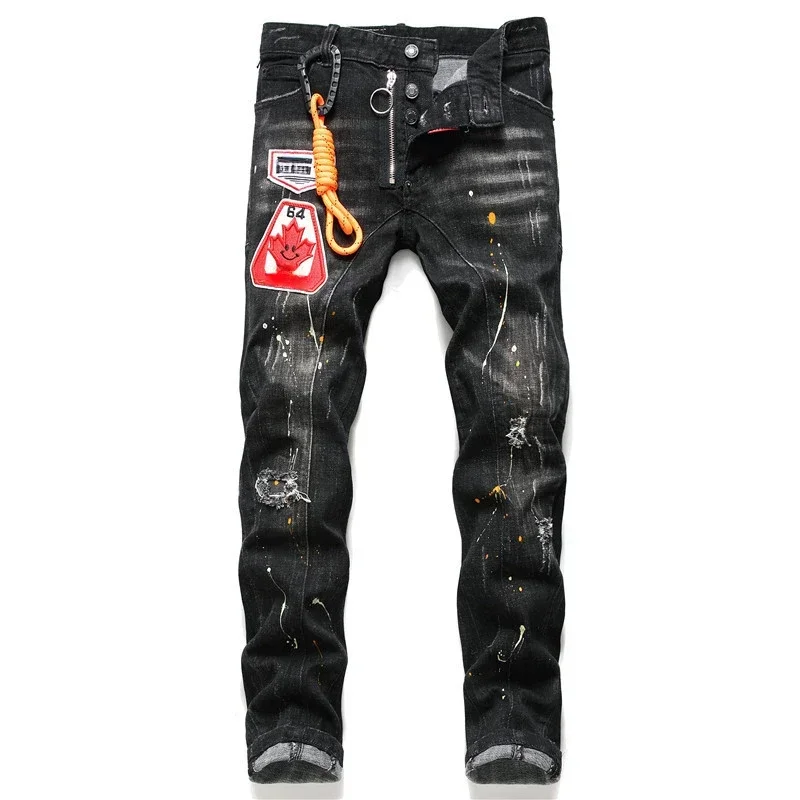 Ltalian High Street Style Denim Pants Men Black Ripped Denim Jeans Holes Jeans High Quality Male Slim Fit Denim Trousers Size 38