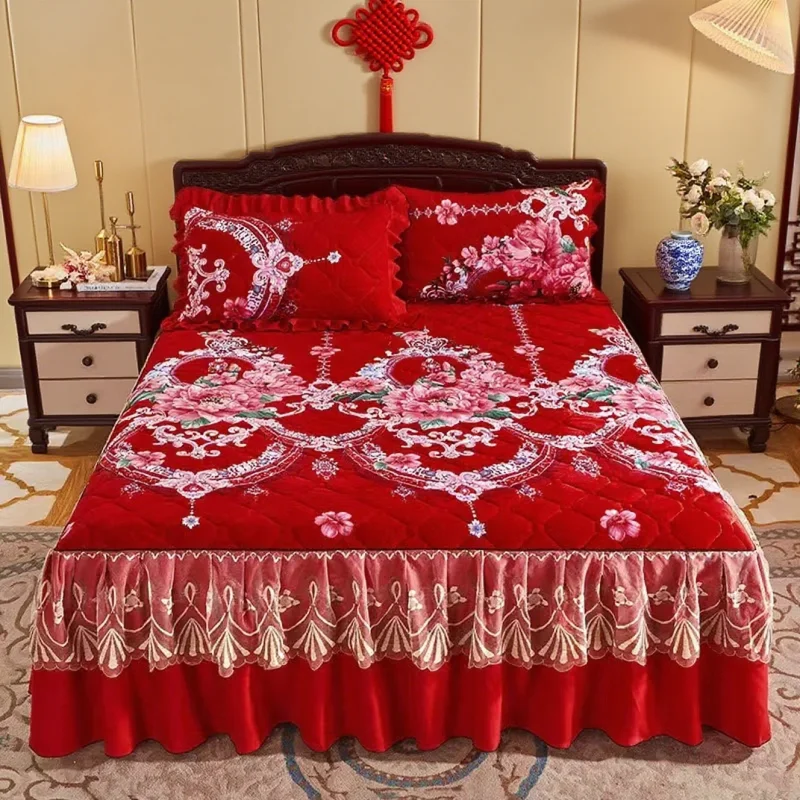 

Комплект из 3 предметов, стеганое покрывало из кораллового флиса, мягкая бархатная юбка с принтом, теплая плюшевая бархатная свадебная простыня с наволочкой из 2 предметов