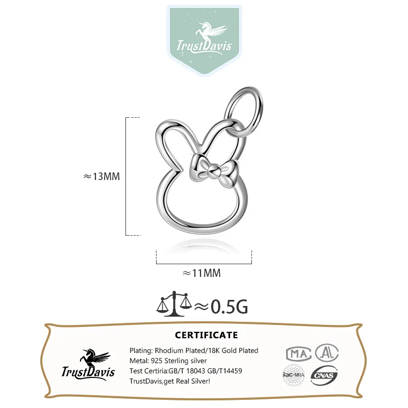 TrustDavis 925 Sterling Silver Classic Fashion Cute Rabbit Bow Pendant DIY Necklace Bracelet Accessories Fine Jewelry DZ1836