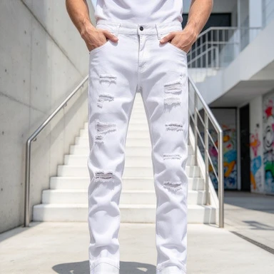 Mens Multi Destroyed Ripped Straight Fit Non Stretch Denim Pants Slim Long Trousers