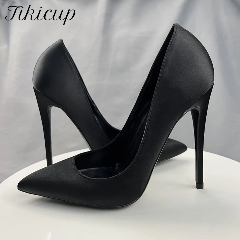 

Tikicup Women All Black Satin Sexy Pointe Toe Chic High Heel Dress Shoes Elegant Ladies Formal Fashion Dress Shoes Customized