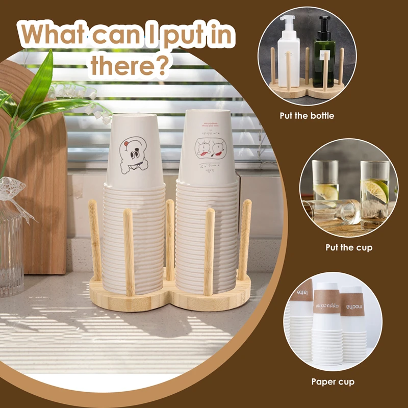 Disposable Cup Storage Holder Rack Shelf Water Tea Cups Wood Dispenser with Longer Stick Mug Display Stand Organizer,2