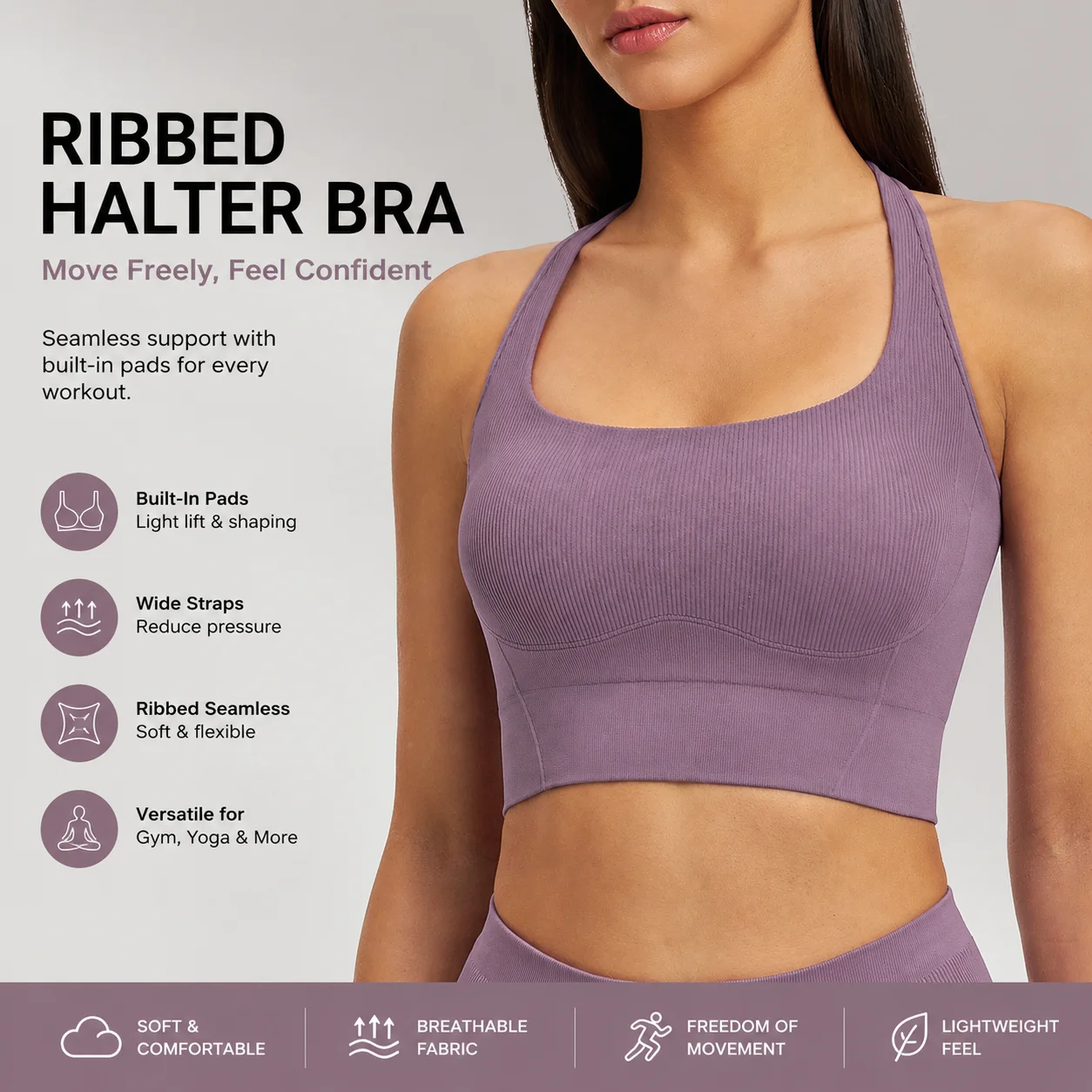 Ribbed Wide Strap Halter Bralette with Built-In Pads Women's Seamless Sports Bra Sculpting Crop Top for Gym Yoga Running
