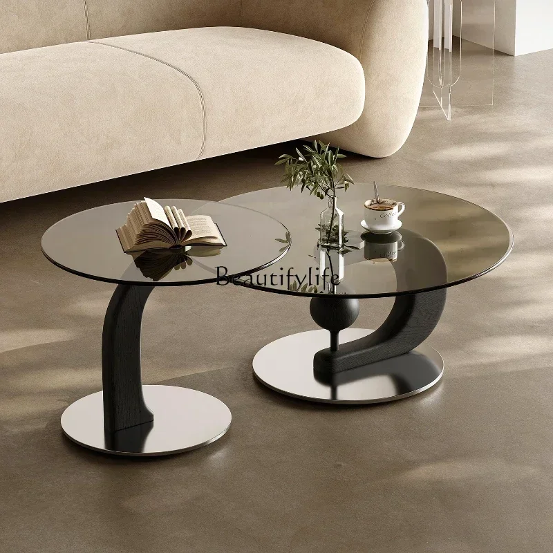 

ls 27Italian minimalist light luxury modern ash wood creative glass round coffee table