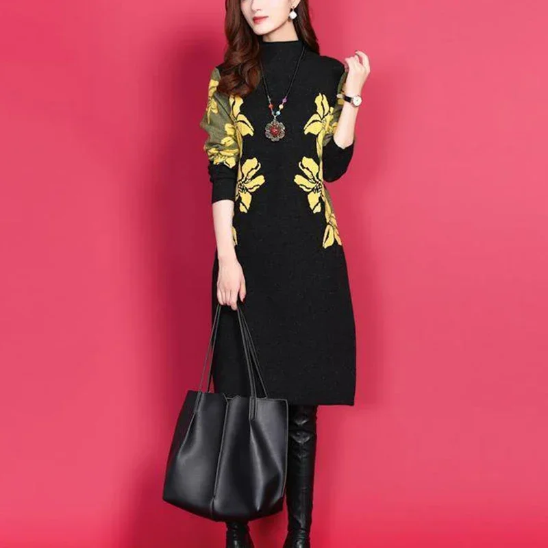 

Autumn Winter Loose Casual Printing A-line Dress Ladies Long Sleeve Fashion All-match Bottomed Robe Femme Add Plush Midi Vestido