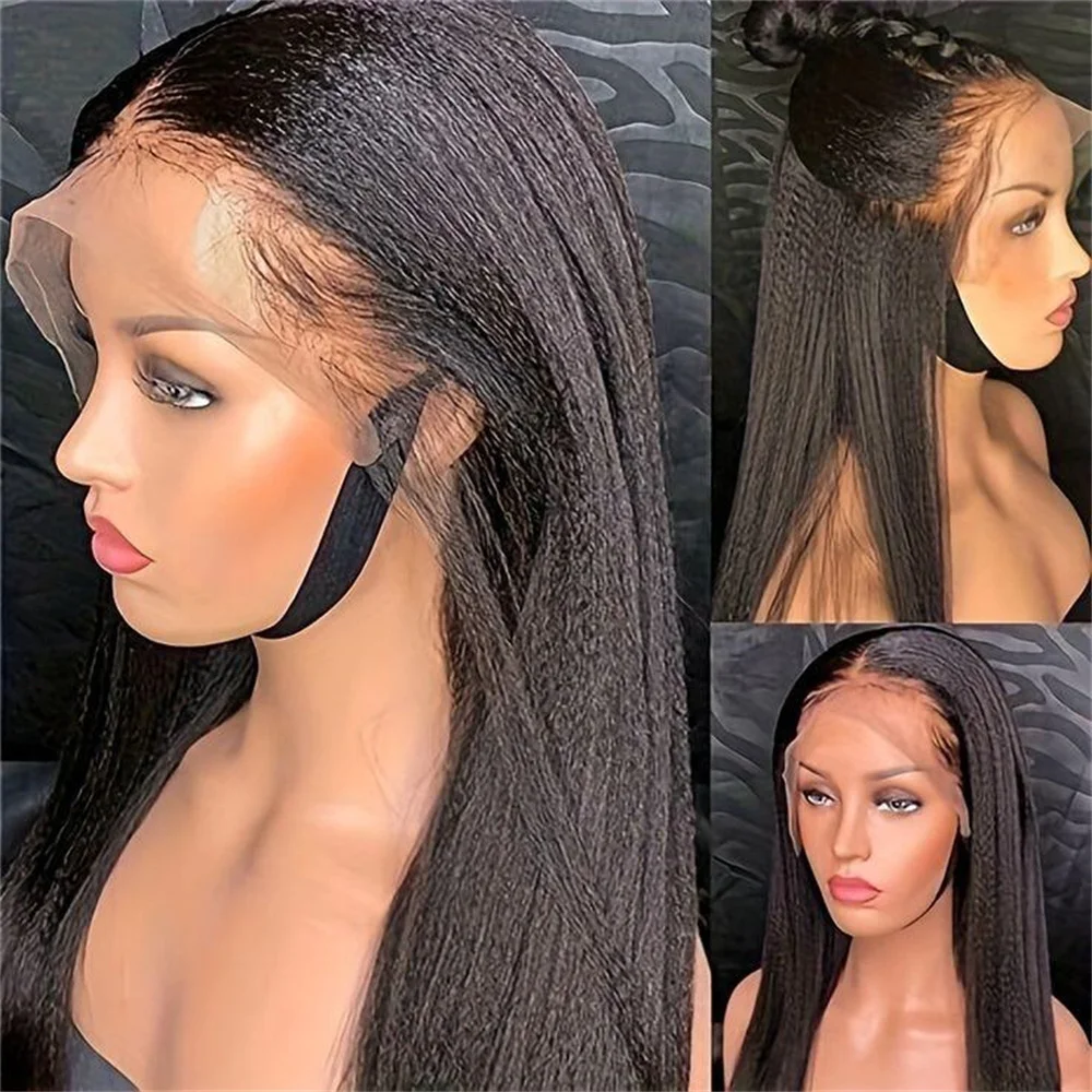 Natural Black Long Glueless Yaki 30Inch Kinky Straight Lace Front Wig For Women With Baby Hair Synthetic Preplucked Daily Wig