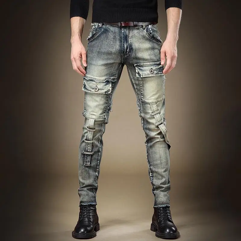 

European and American Retro Heavy Industry Washed Tooling Jeans Men's Autumn and Winter Scratch and Grind Slim Fit Casual Pants